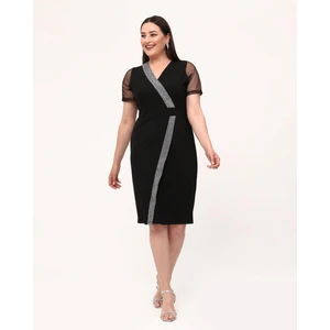 Butik Nilyam Kadın Büyük Beden Kruvaze Yaka Tül Kol Sim Şeritli Midi Esnek Abiye Elbise 24085 Siyah