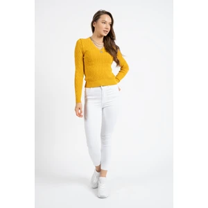 Rtd & Vld  Kadın VT113 V Yaka Örgü Desen Triko Kazak Hardal