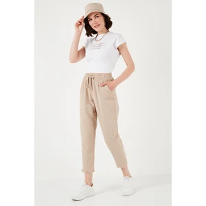 Pamuklu Belden Bağlamalı Yüksek Bel Keten Görünümlü Kısa Paça Pantolon Bayan Pantolon 668YP5134