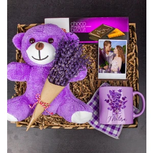 Kişiye Özel Kupa ve Altlığı & Lavantalı Peluş Ayı & Choco Biscuit & Fotoğraflık Hediye Kutusu 111787