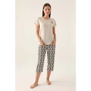 Geometrik Desenli Bisiklet Yaka Kadın Kapri Takımı, Büyük Beden Kadın Pijama ,  Pamuk