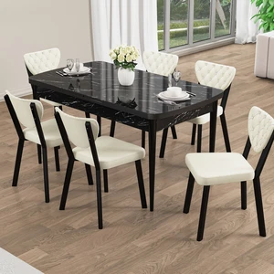 Rim Serisi 80X132 Açılabilir Siyah Mermer Desen Mutfak Masası Takımı 6 Sandalye