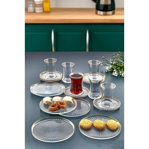18 Parça Gold Yaldızlı Çay Seti Takımı - Pasta Tabağı, Çay Bardağı, Çay Tabağı