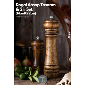 2 Adet Doğal Ahşap Karabiber Tuz Kahve Baharat Öğütücü Ahşap Değirmen Tuzluk Biberlik 2li Set 14CM+22CM
