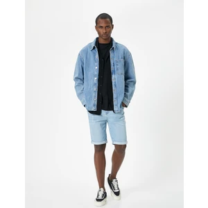 Yırtık Kot Şort Slim Fit Katlama Detaylı Düğmeli Cepli