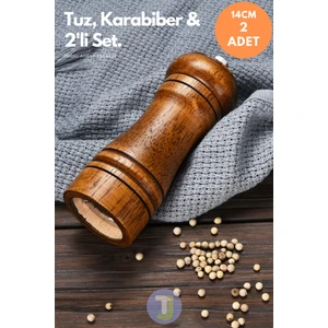 2 Adet Doğal Ahşap Karabiber Tuz Kahve Baharat Öğütücü Ahşap Değirmen Tuzluk Biberlik 2li Set 14CM