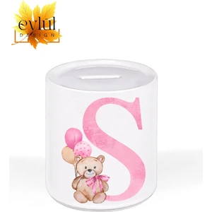 Eylül Design S Harfi Ayıcıklı Pembe Renkli Harf Özel Tasarım Baskılı Seramik Kumbara Açılabilir Kumbara