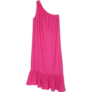 Tek Omuz Ucu Volanlı Midi Elbise Pembe
