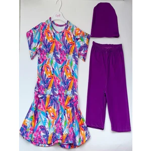 Bilge Trend Kız Çocuk Yapraklı Üst , Bone , Tayt 3 Parça Yarı Tesettür Deniz Havuz Mayo Seti