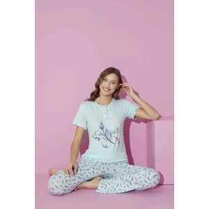 Kadın Su Yeşili Yaprak Desen 3 Düğmeli Bisiklet Yaka Viskon Kısa Kol Cepli Pijama Takımı