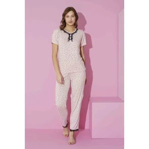 Kadın Pembe Siyah Puantiye Desen Dantel Detay V Yaka Viskon Kısa Kol Cepli Pijama Takımı