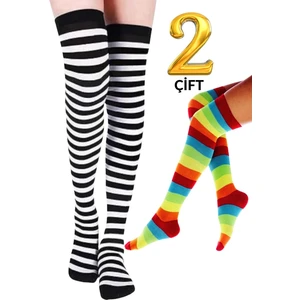 Kral Socks Kadın Dizüstü Çorap (2 Çift) Günlük Düz Çizgili Pamuklu Diz Üstü Siyah Çorap Yeni Trend