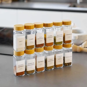 12'li Baharat Kavanozu Bambu Kapaklı Kavanoz Serpme Başlıklı Baharatlık Türkçe Etiketli