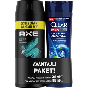 Erkek Sprey Deodorant Apollo 200 ml + Clear Men Saç Bakım Şampuanı Cool Sport Menthol 180 ml