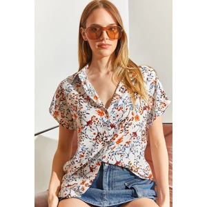 Çiçek Desen Kısa Kollu Keten Görünümlü Gömlek