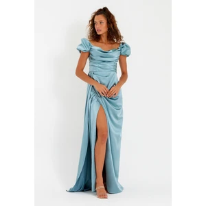 Kadın Mint Yeşili Kayık Yaka Kuyruklu Uzun Saten Abiye & Mezuniyet Elbisesi