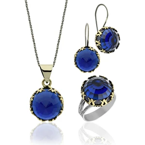 Safir Taşlı Lale Motifli Otantik Gümüş Kadın Set