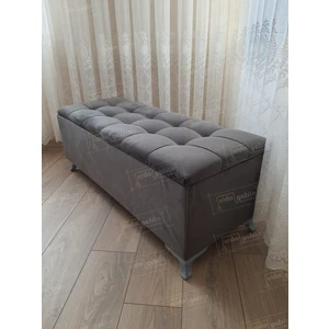 Yeni Model Lüks Çizgi Kapitoneli Sandıklı Puf Bench (80*45) Gümüş Ayak