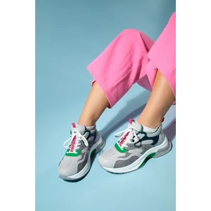 Crown Gri Simli Multi Bağcıklı Kadın Kalın Taban Spor Sneakers