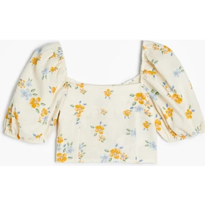 Keten Crop Bluz Çiçekli Kare Yaka Gipe Detaylı