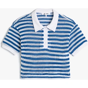 Kadın Kroşe Polo Yaka Tişört Kısa Kollu Düğme Detaylı Çizgili Tasarım