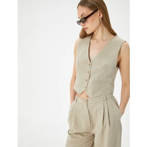 Crop Yelek V Yaka Düğmeli Fleto Cepli