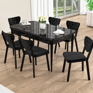 Rim Serisi 80X132 Açılabilir Siyah Mermer Desen Mutfak Masası Takımı 6 Sandalye