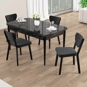 Rim Serisi 80X132 Açılabilir Siyah Mermer Desen Mutfak Masası Takımı 4 Sandalye