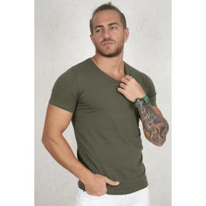 Haki V Yakalı Likralı Dar Kesim Erkek Tshirt 1801165