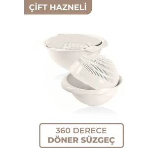 Melkan Home 360 Derece Dönebilir Makarna Süzgeci Çok Amaçlı Çift Hazneli Süzgeç Sebze Meyve Yıkama Döner Süzgeç