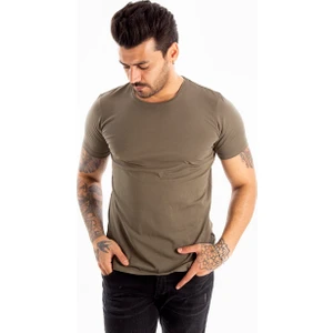 DeepSEA Haki Erkek/Unisex Slim Fit Dar Kesim Bisiklet Yaka Pamuklu Likralı Basic Tişört 1801131
