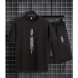 Amor Man Büyük Beden Özel Tasarım Dikey Baskılı  Pamuk Çift Cep Erkek Battal T-Shırt  Şort Takımı