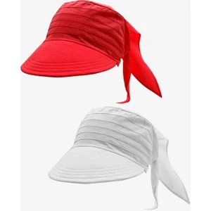 Kadın Bağlamalı Siperli Eşarp Bandana Plaj Şapkası 2li Paket Kırmızı/beyaz