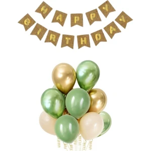 Parti Furyası Kraft Karton Üzeri Gold Altın Happy Birthday Yazılı Doğum Günü Partisi Yazı Banner Süs ve 10 Adet (Beyaz ve Küf Yeşili)Balon, 5 Adet (Gold ve Yeşil) k