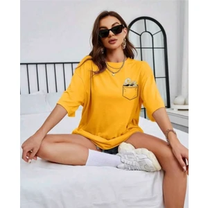 Amor Man Büyük Beden Özel Tasarım Cep Içi Papatya Baskılı  Pamuk Oversize Kadın Battal T-Shırt