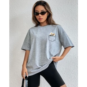 Amor Man Büyük Beden Özel Tasarım Cep Içi Papatyalar Baskılı  Pamuk Oversize Battal Kadın T-Shırt