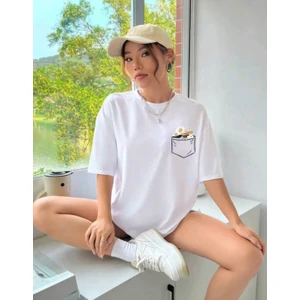 Amor Man Büyük Beden Özel Tasarım Cep Içi Papatyalar Baskılı  Pamuk Oversize Battal Kadın T-Shırt