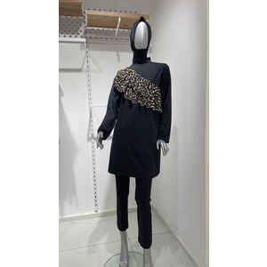 Giz Giyim Leopar Valonlu 3 Parça Tam Kapalı Tesettür Mayo Büyük Beden