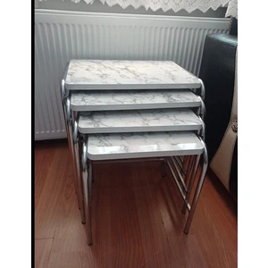 Can Vista Home 4'lü Beyaz Mermer Desen Metal Krom Nikel Ayaklı Zigon Sehpa
