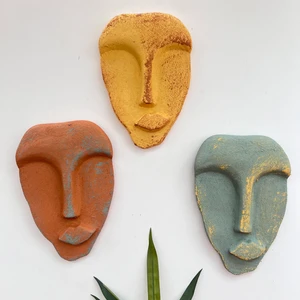 Mes Reves Design El Yapımı Taş Heykel Soyut Yüz Maske 3'Li Set, Modern Beton, Eskitme Taş Görünümlü Duvar Dekor