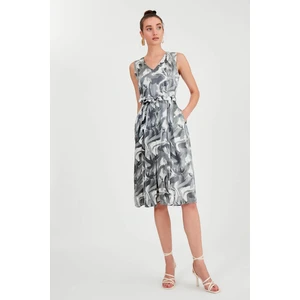 Parlak Saten Beli Bağlamalı Desenli Elbise