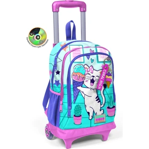Coral High Kids Turkuaz Pembe Dondurmalı Kedi Desenli Üç Bölmeli Çekçekli Okul Sırt Çantası 23951