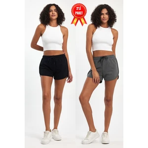 Kadın Yırtmaçlı Mevsimlik Premium Kumaş Regular Fit Ipli Siyah-Antrasit Kısa Mini Şort
