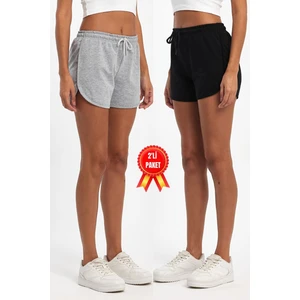 Kadın Yırtmaçlı Mevsimlik Premium Kumaş Regular Fit Ipli Siyah-Gri Kısa Mini Şort