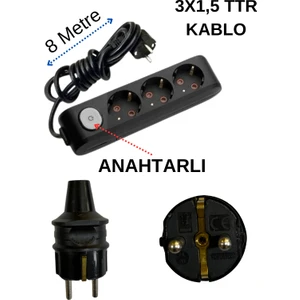 (3/'lü) Üçlü Priz Topraklı Anahtarlı Kablolu Siyah (3x1,5 Ttr) 8 (Sekiz) Metre