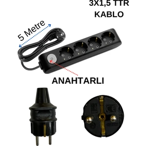 (4/'lü) Dörtlü Priz Topraklı Anahtarlı Kablolu Siyah (3x1,5 Ttr) 5 (Beş) Metre