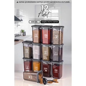 Kitchen Life 12'li Etiketli ve Kilitlenebilir Kapaklı Kendinden Kaşıklı Baharatlık Seti - Kilitli Baharatlık