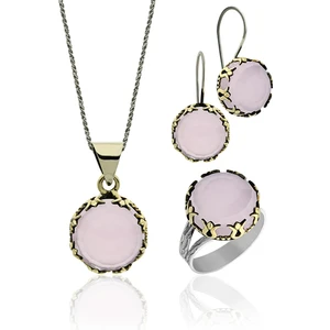 Pembe Kuvars Taşlı Lale Motifli Yuvarlak Otantik Gümüş Kadın Set