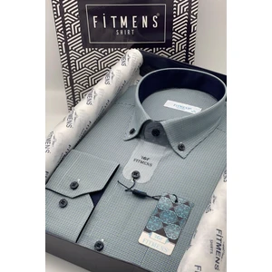 Erkek Klasik Uzun Kol Pöti Kareli Yaka Düğmeli Hediye Kutulu Gömlek2 - Yeşil