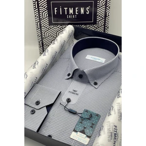 Erkek Klasik Uzun Kol Pöti Kareli Yaka Düğmeli Hediye Kutulu Gömlek2 - Lacivert